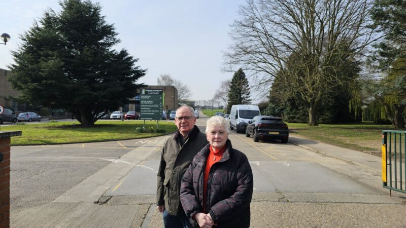 Molescroft Parish Councillors Paul Brayford and Margaret Pinder outside Longcroft School